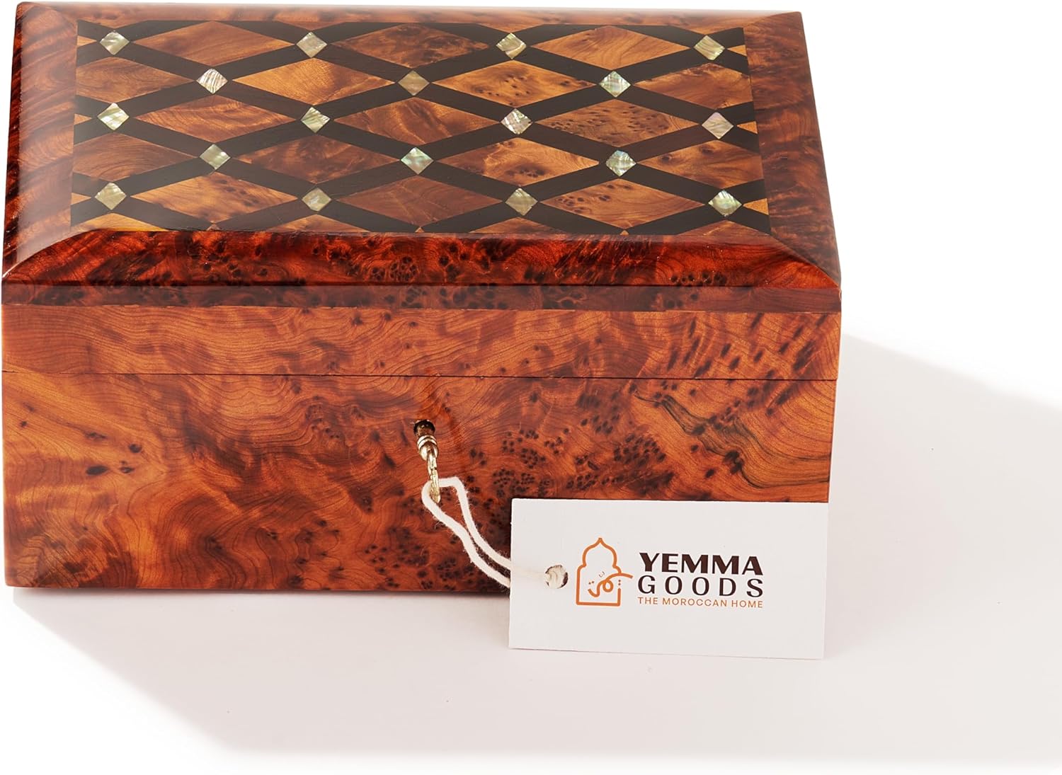 Handmade Thuya Wood Keepsake Jewelry Box with Mother Of Pearl and Cedar Wood Accents, Lockable Box w/Key