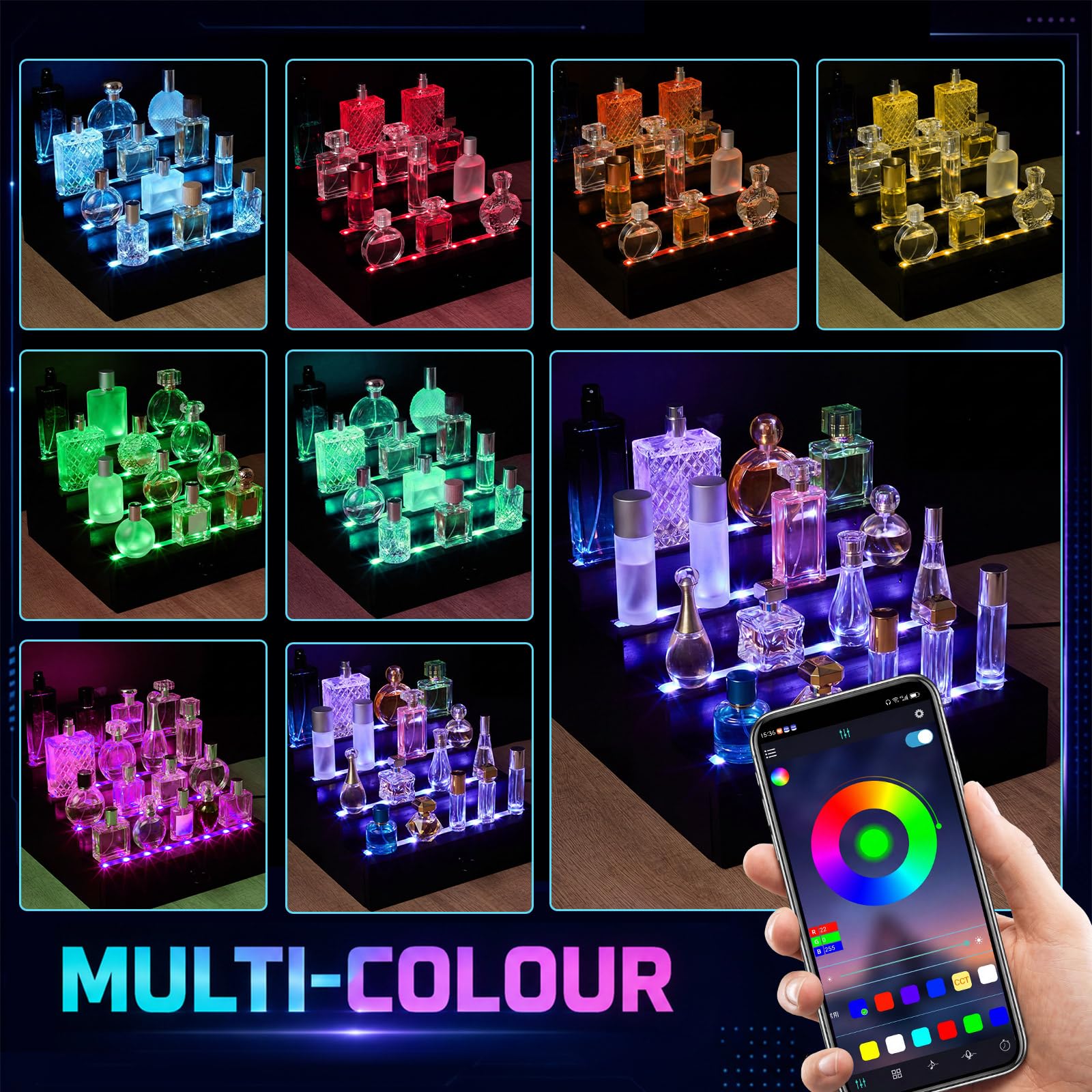 Organizador de perfumes de madera de 4 niveles con iluminación LED para hombres, organizador de perfume con cajón y múltiples modos de iluminación, soporte de exhibición de perfume con