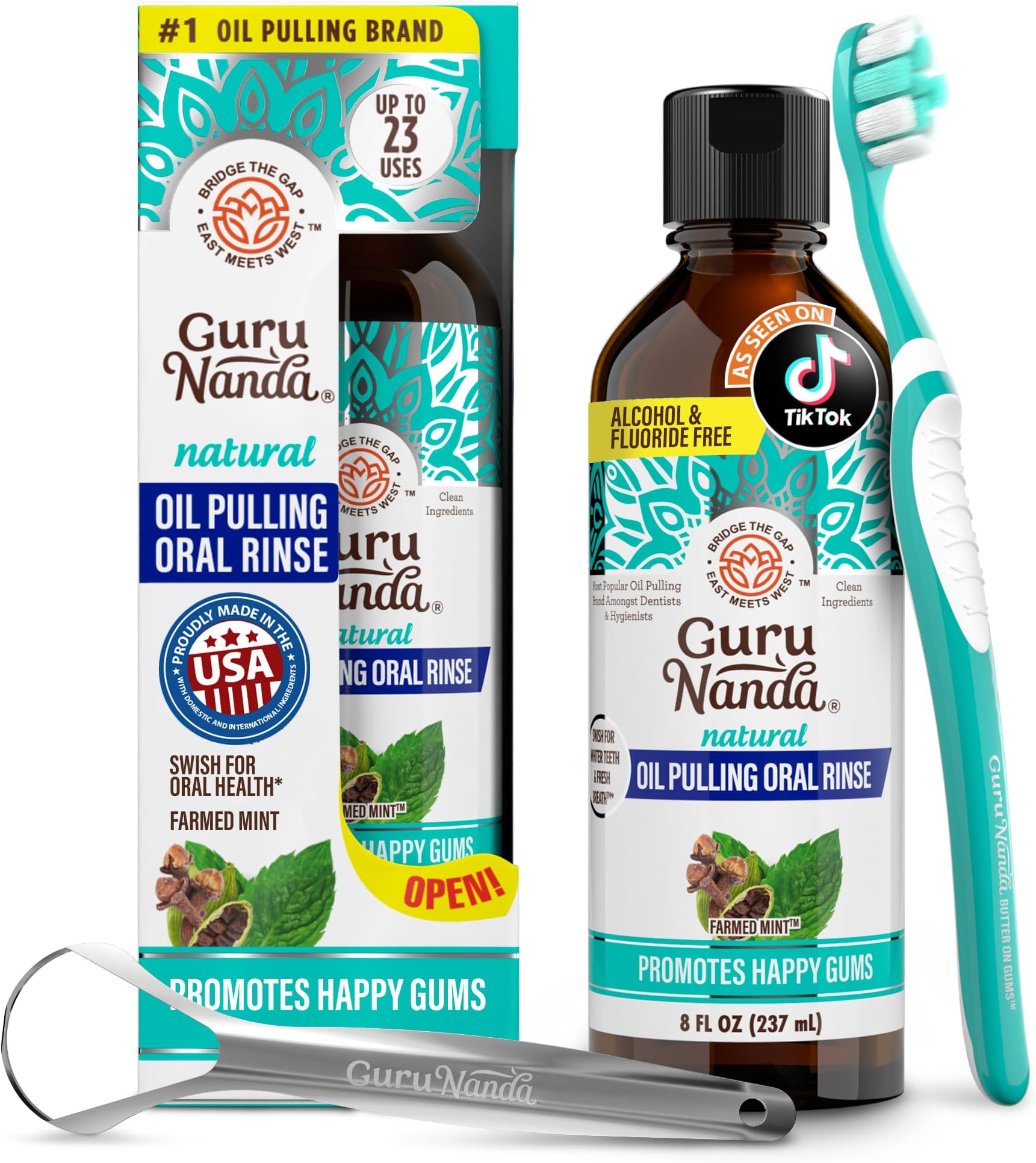 GuruNanda Coconut Oil Pulling, Fresh Breath & Whitening Mouthwash, 7 Essential Oils & Vitamins for Happy Teeth & Gums, Alcohol-Free