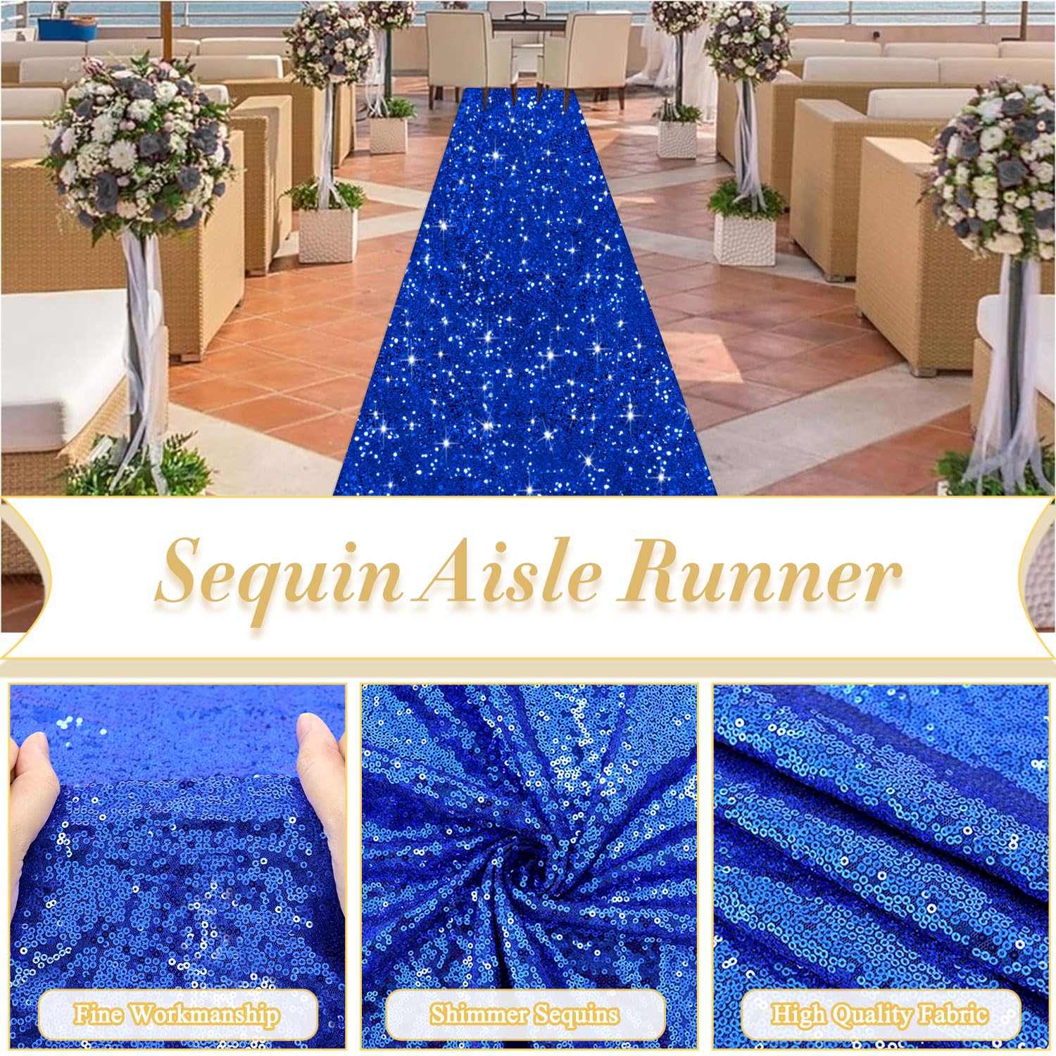 Tapis de couloir à paillettes pour mariage, fête de mariage, intérieur et extérieur, banquet, fête prénuptiale, décoration d'allée bleu roi 1,2 x 4,5 m