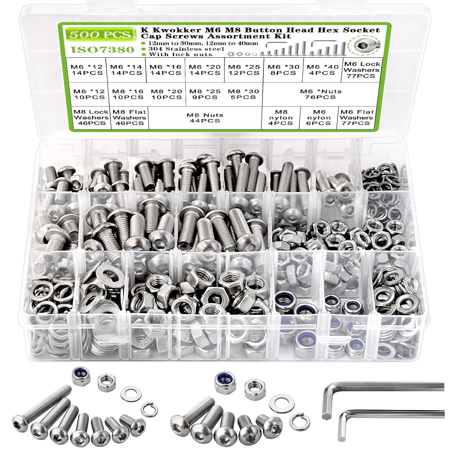 500Pcs M6 M8 Metric Screws Assortment Kit 12MM-40MM w/Lock Nut, Button Head Hex Socket Nuts and Bolts Assortment Kit, 304 Stainless Steel Machine Screws w/Washers, M6x1.0 Bolt, M8x1.25 Bolt