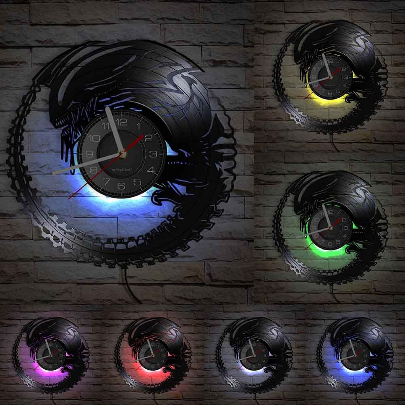 Wszhh Black Alien Horror Vinyl Record Wall Clock Xenomorph Baby Extra-Terrestrial Modern Silent Wall Clock Sci-Fi Lovers' Gift
