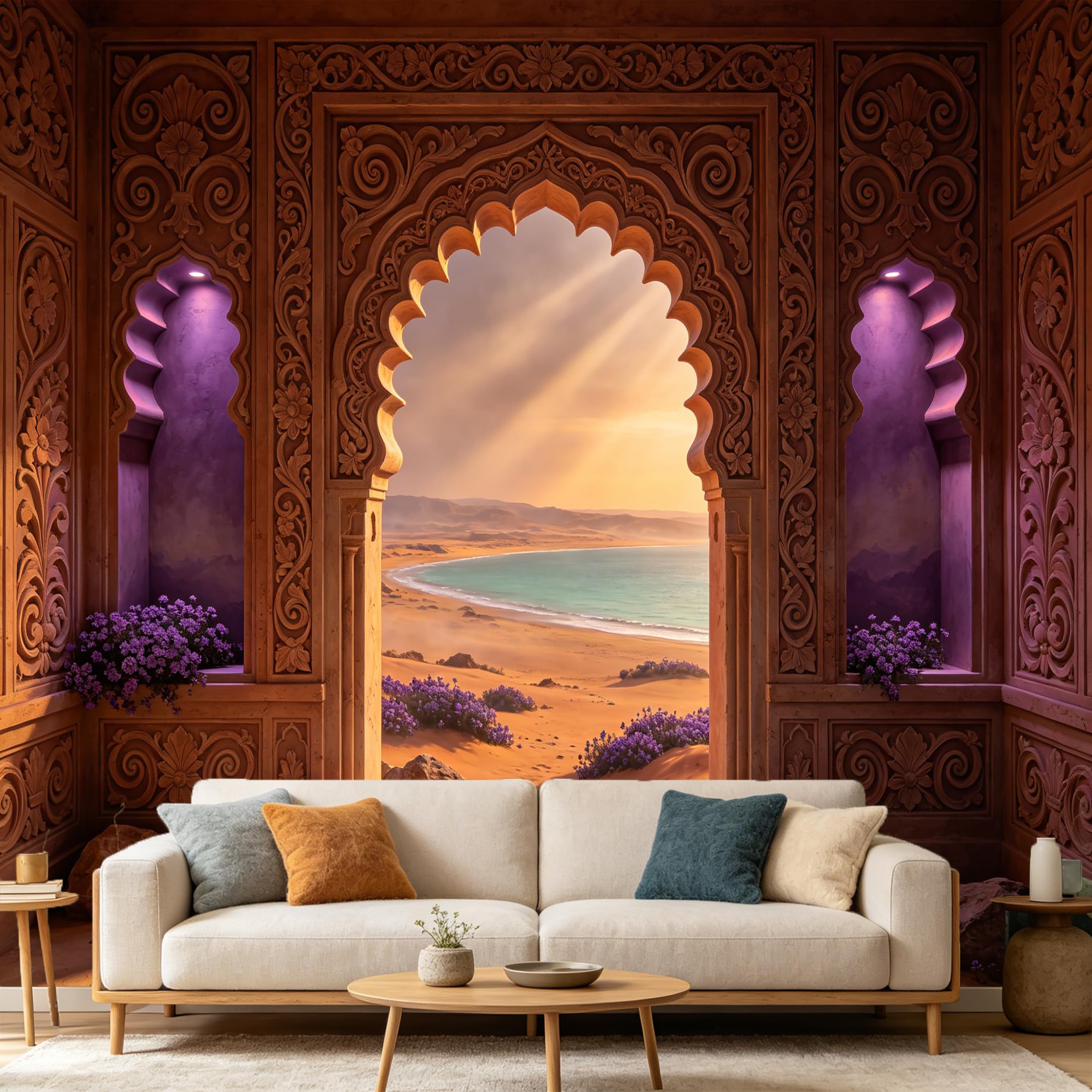 Custom Size Wall Mural， Moroccan Arch Desert Ocean View 3D Trompe L'Oeil， SelfAdhesive Art Prints wall Fabric Removable Large Wallpaper Home Living Room Decor