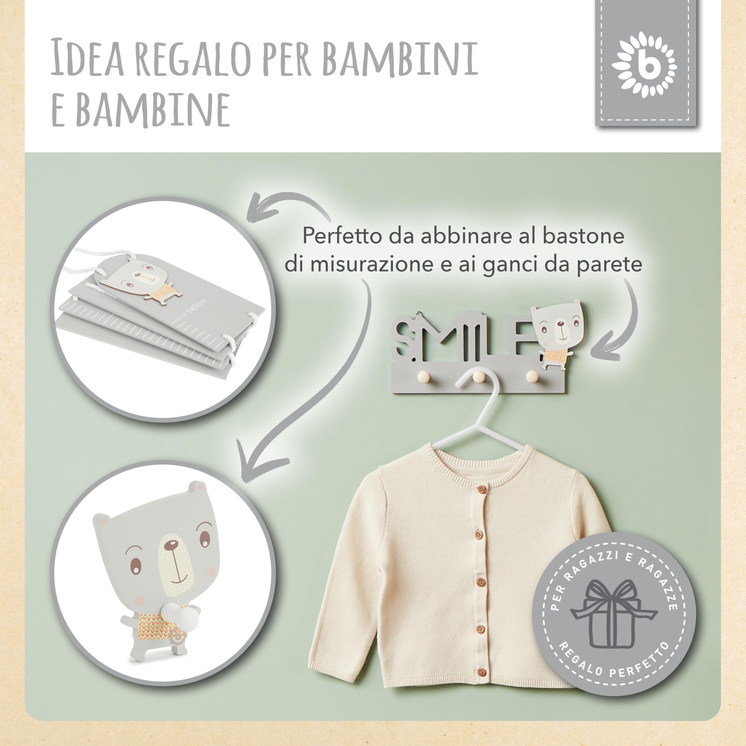 Bieco Smile Gancio appendiabiti per bambini in legno 25 cm 3 ganci da parete