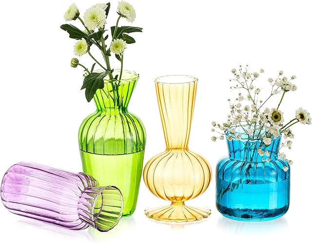 Glass Vases for Flowers Small Vase for Table Decoration, 4Pcs Coloured Modern Narrow Necked Bud Vase Set for Living Room Decor Bedroom Wedding Centrepieces