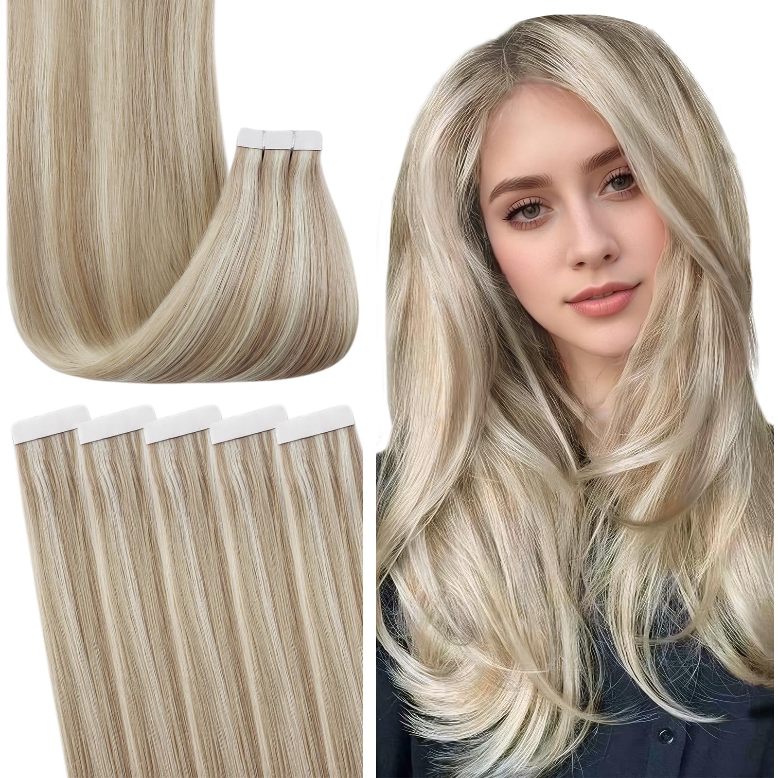 Fshine Extension Biadesive Capelli Lisci 55CM 50g 20pcs Extension Capelli Adesive Highlight Biondo Cenere Con Biondo Candido Extension Capelli Veri Biadesive Tape Human Hair #18P613