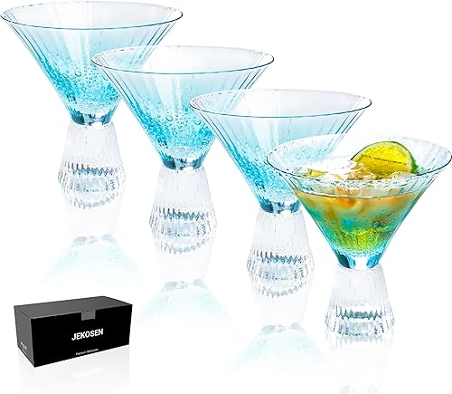 Miniatura 3 de JEKOSEN Juego de 4 vasos de Martini sin tallo de cristal de 8 onzas, cristalería de cóctel vintage acanalada, diseño de burbujas azules de alta