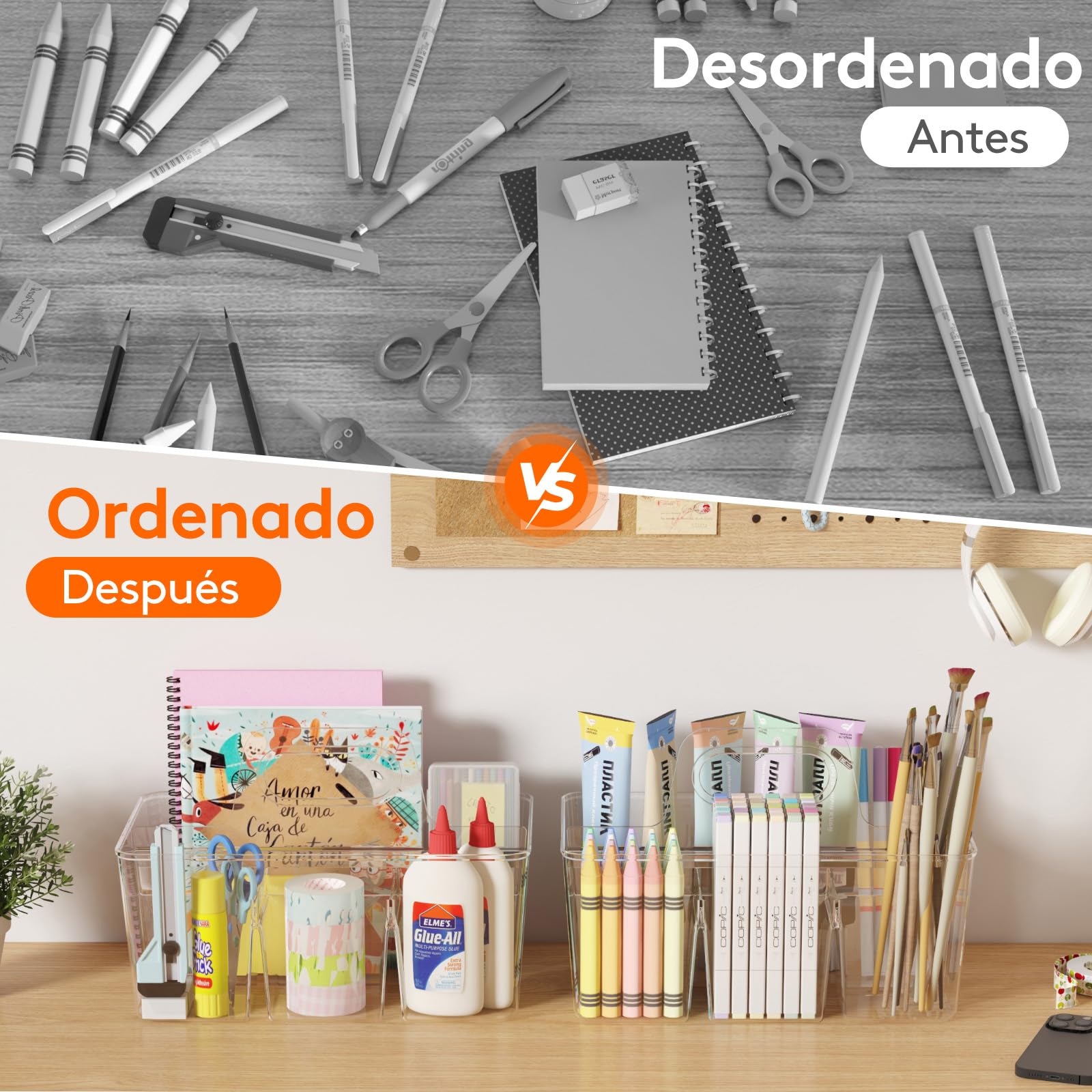 Lifewit Cestas Almacenaje Plastico, Apilador de Caddie Dividida con Manija para Cosméticos, Costura, Herramientas Pequeña, Organizadora para Lápices, Transparente, 2 Piezas