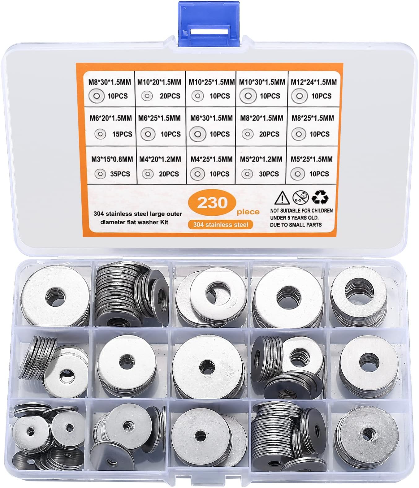 230 Pcs Large Flat Washer Set, Stainless Steel Washers, Lock Washers Assortment Kit, Metal Disc Nuts, 15 Sizes M3/M4/M5/M6/M8/M10/M12. (230 silver)