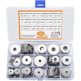 230 Pieces Large Flat Washers Set Stainless Steel Washers Locking Washers Assortment Kit Metal Washers Nuts 15 Sizes M3/M4/M5/M6/M8/M10/M12 230 Silver