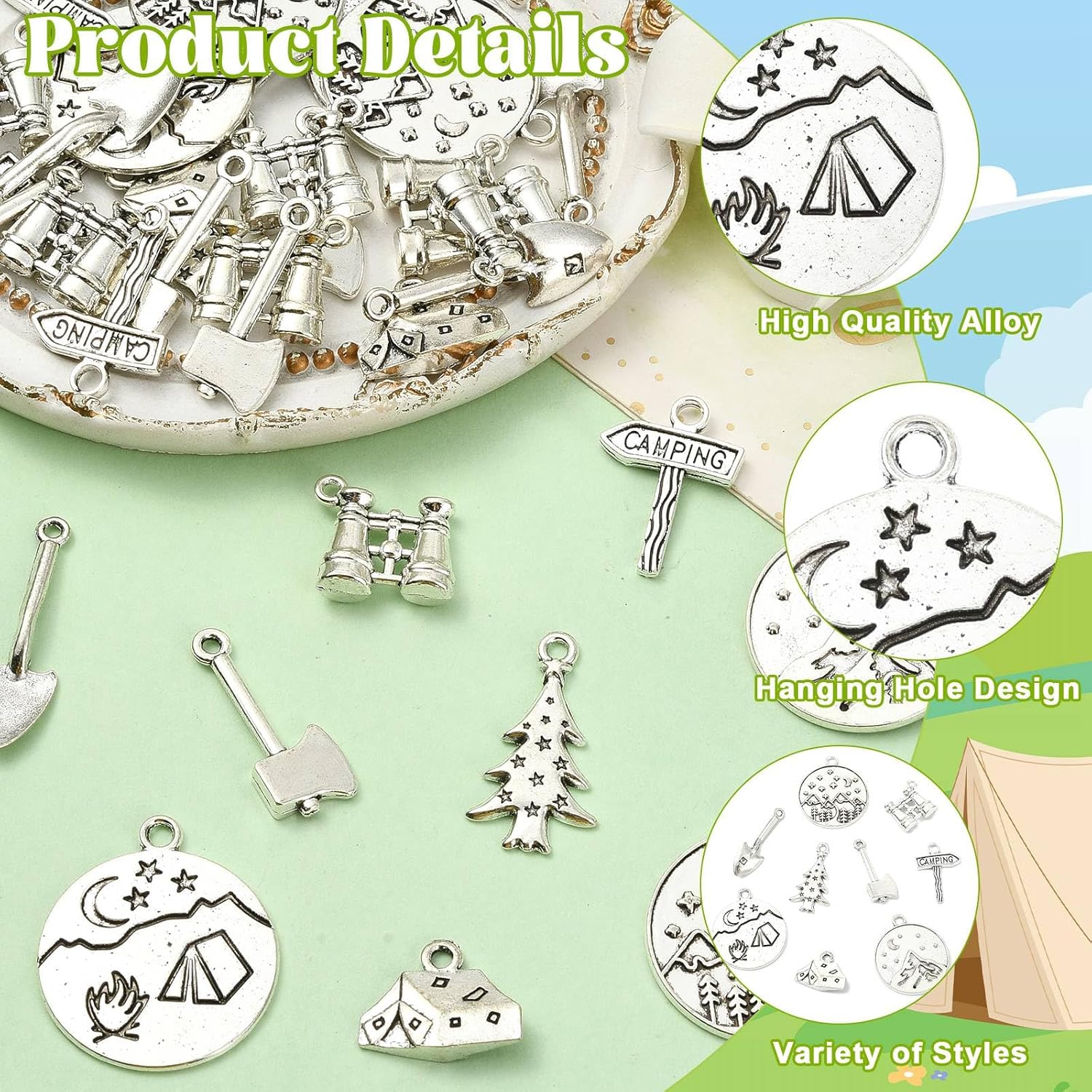 Stiesy 90Pcs Camping Theme Alloy Pendants Set, 9 Styles Tibetan Antique Silver Dangle Charms for DIY Jewelry Making, Bracelet Necklace Craft Supplies