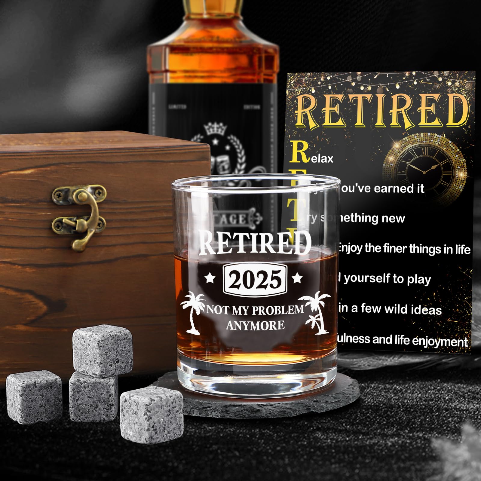 2026 Retirement Gifts for Men,2026 The Legend Has Retired-Whiskey Glass Set in Gift Box,Happy Retirement Presents for Him,Dad,Friends- Happy Retire Anniversary Card&Wood Box& Coaster&Whiskey Stones - Image 4