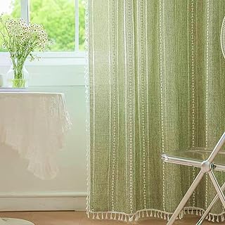 Deeprove Green Bohemian Curtains 90 Inches Long Linen Textured for Living Room Light Filter Farmhouse Sheer Hollow Striped Moss Drape, Rod Pocket Window Treatment for Bedroom 1 Panel W52 x L90 - Buy now