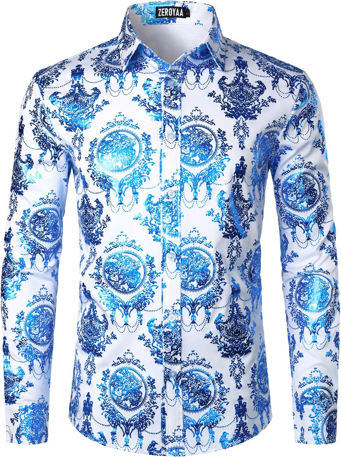 ZEROYAA Men's Luxury Baroque Shiny Design Slim Fit Long Sleeve Button up Dress Shirts