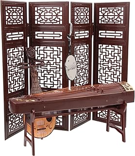 Beavorty 4Pcs antique ornaments home decor miniature model decoration office decor Miniature Retro Instrument Mini House Instrument Chinese style guzheng Chinese screen fan Small house Wood