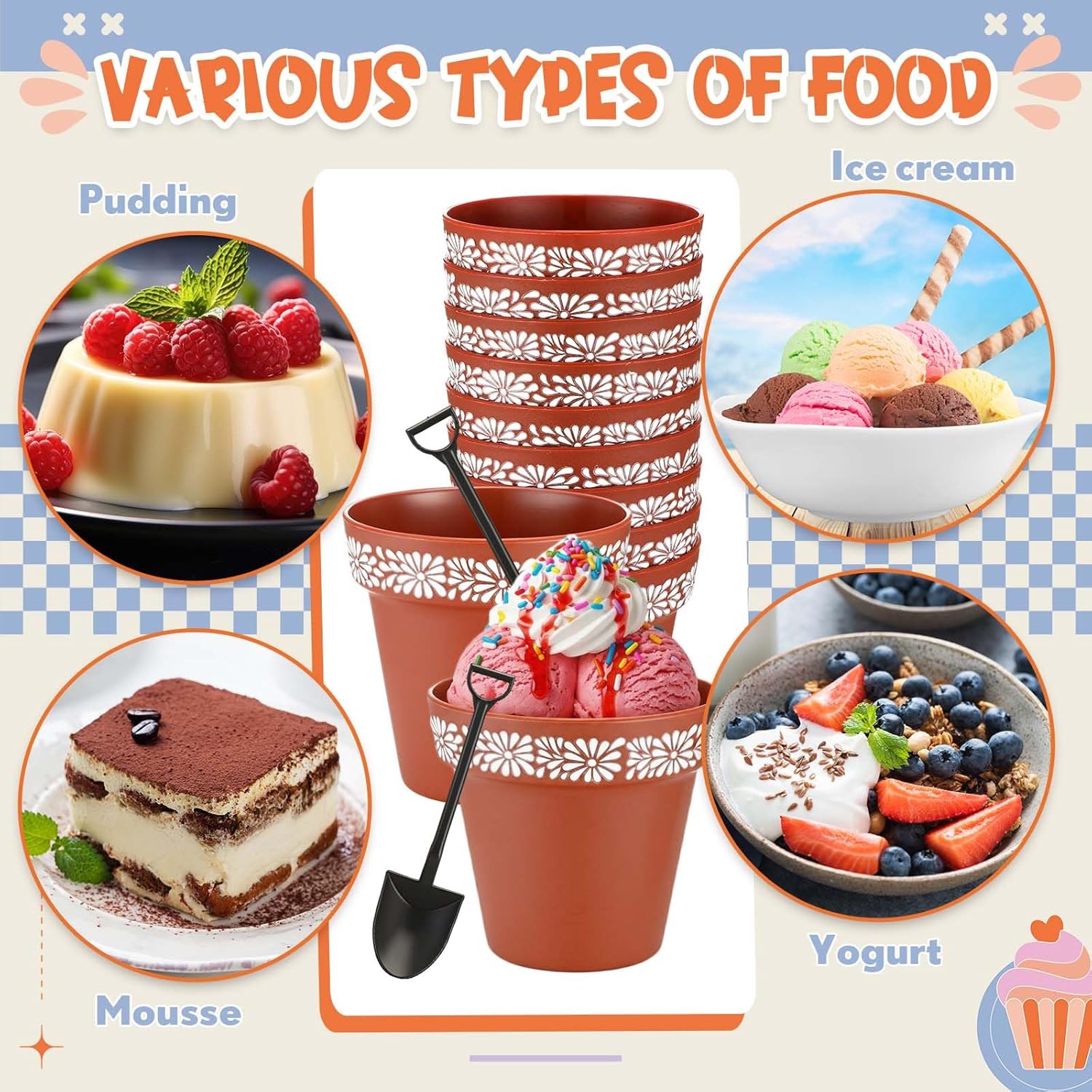 Potchen 24 Sets Cielito Lindo Party Decoration Plastic Dessert Cups with Shovel Spoons, Mexicanas Cielito Lindo Flowerpot Desserts Cake Cups for Baby Shower Mexican Wedding Party Supplies Ice Cream