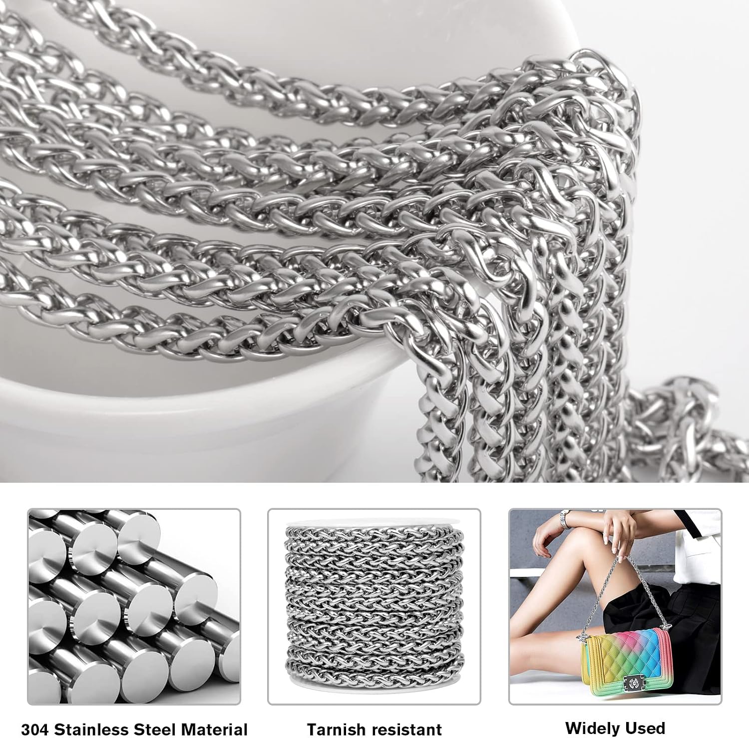 33 Feet Stainless Steel Wheat Chain Roll, 4mm Width 304 Stainless Steel Foxtail Chain Bulk Twisted Link Chains Spool for Jewelry Making