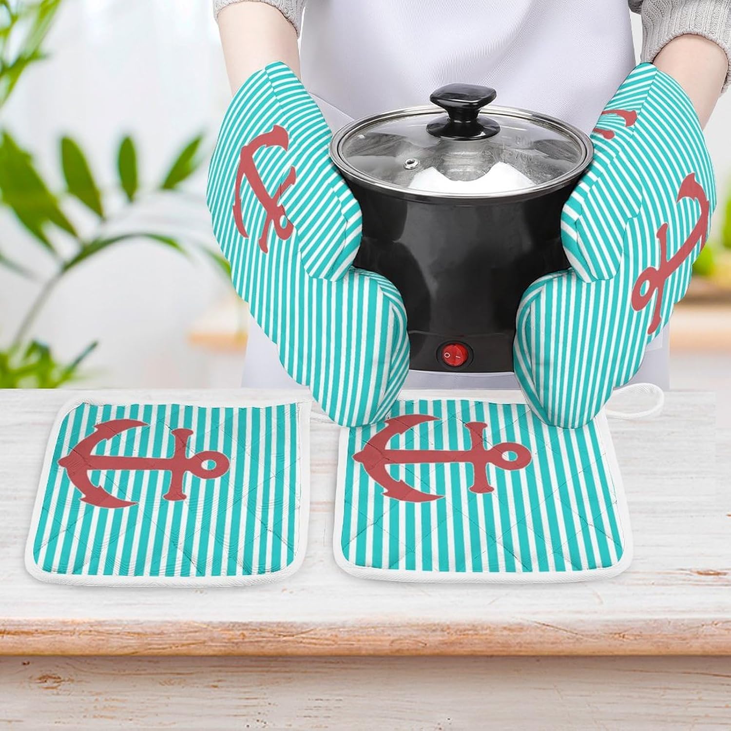 4PCS Oven Mitts and Pot Holders Sets, Stylish Anchor and Stripes Oven Mitts Set Heat Resistant Kitchen Microwave Gloves Safe for Baking,Cooking, BBQ