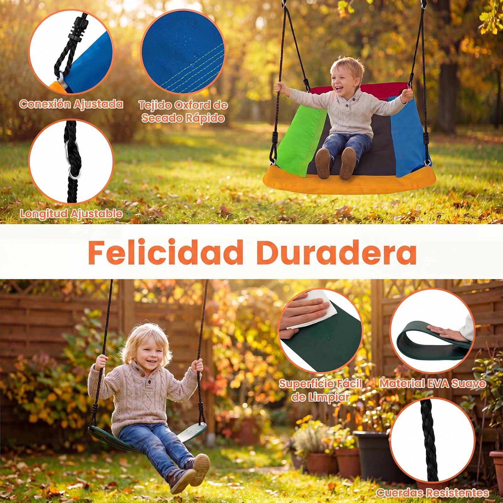 COSTWAY Columpio Jardín Exterior, Juego 3 en 1 de Columpio Infantil, Estructura De Metal, Columpio con Cinturón/Plataforma, 1 Asiento De Columpio Ajustable, 350 x 182 x 195 cm, Carga 300kg (3 en 1-2)