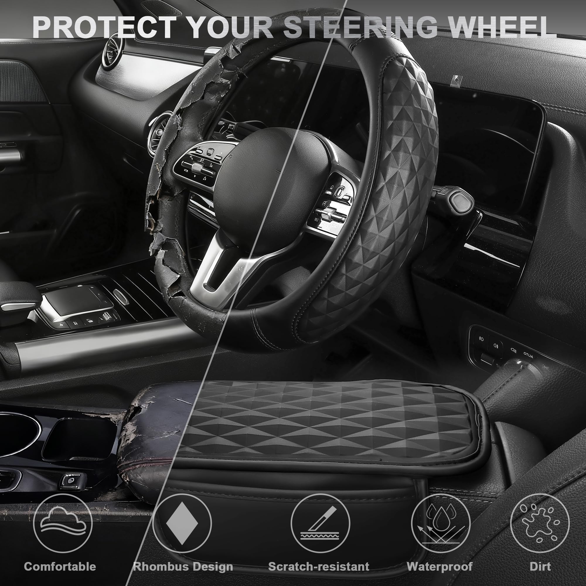 CAR PASS 3D Memory Foam Leather Car Steering Wheel Cover Set Comfortable Rhombus Leather Center Console Armrest Cushion — view 5