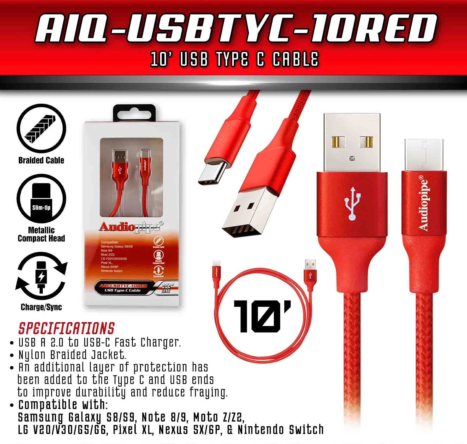 Audiopipe Fast Charging 3ft USB-A to USB-C Charge Braided Cord Compatible with Samsung Galaxy S10 S9 S8 S20 Plus A51 A11,Note 10 9 8, PS5 Controller, USB C Charger-Red