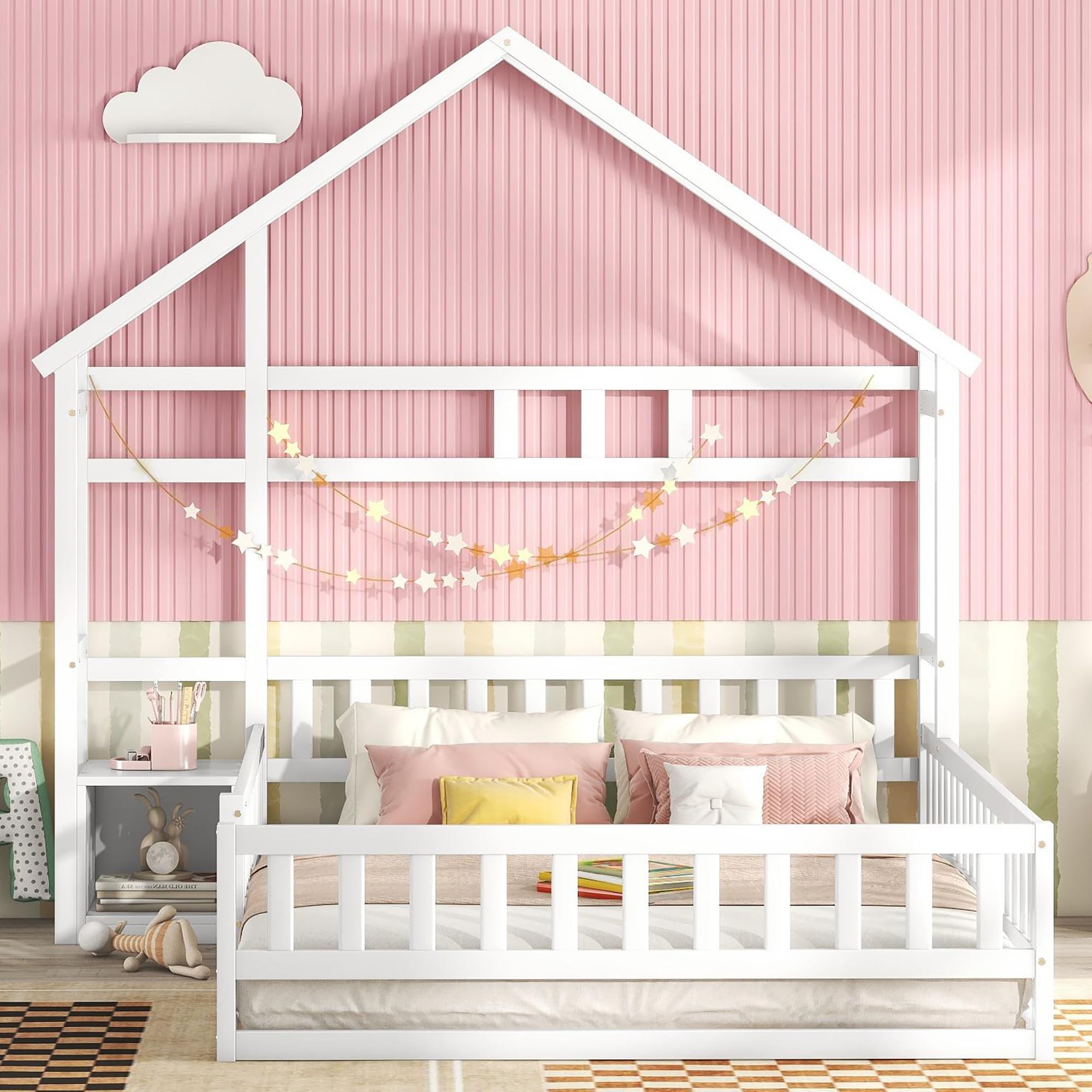 Dolamaní Letto da pavimento 140 x 200 cm per bambini con protezione anti-caduta -Montessori Lettino per ragazzi e ragazze, con comodino e supporto decorativo per la casa (bianco)