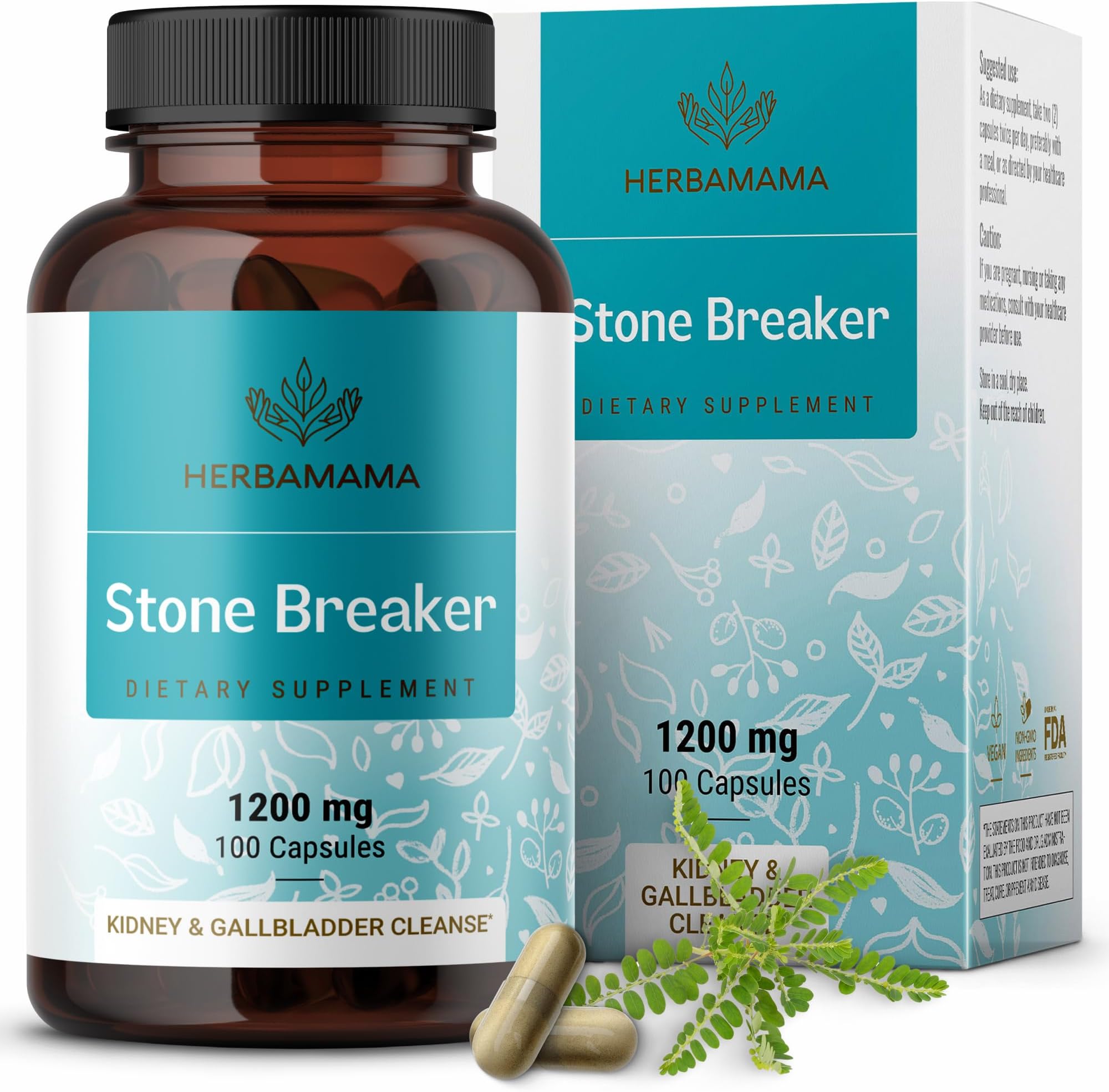 HERBAMAMA Chanca Piedra Stone Breaker Capsules 1200mg - Kidney Stone Breaker, Gallbladder Cleanse & Urinary Tract Support - Vegan, Non-GMO Kidney Supplement