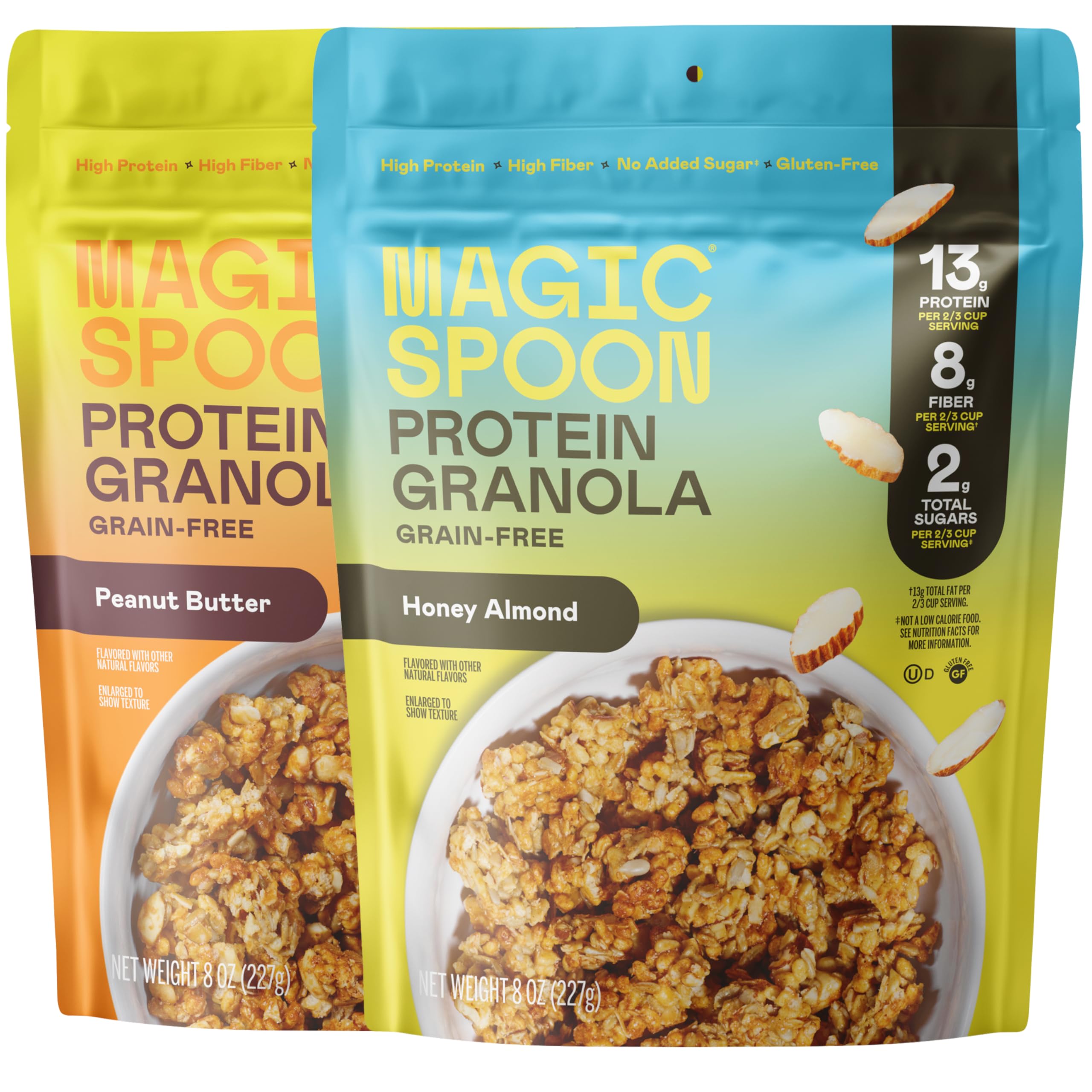 Magic Spoon Protein Granola - High Protein Granola, Keto Friendly, Low Sugar, Grain Free, Healthy Breakfast or Quick Snack (1 bags each: Honey Almond, Peanut Butter)