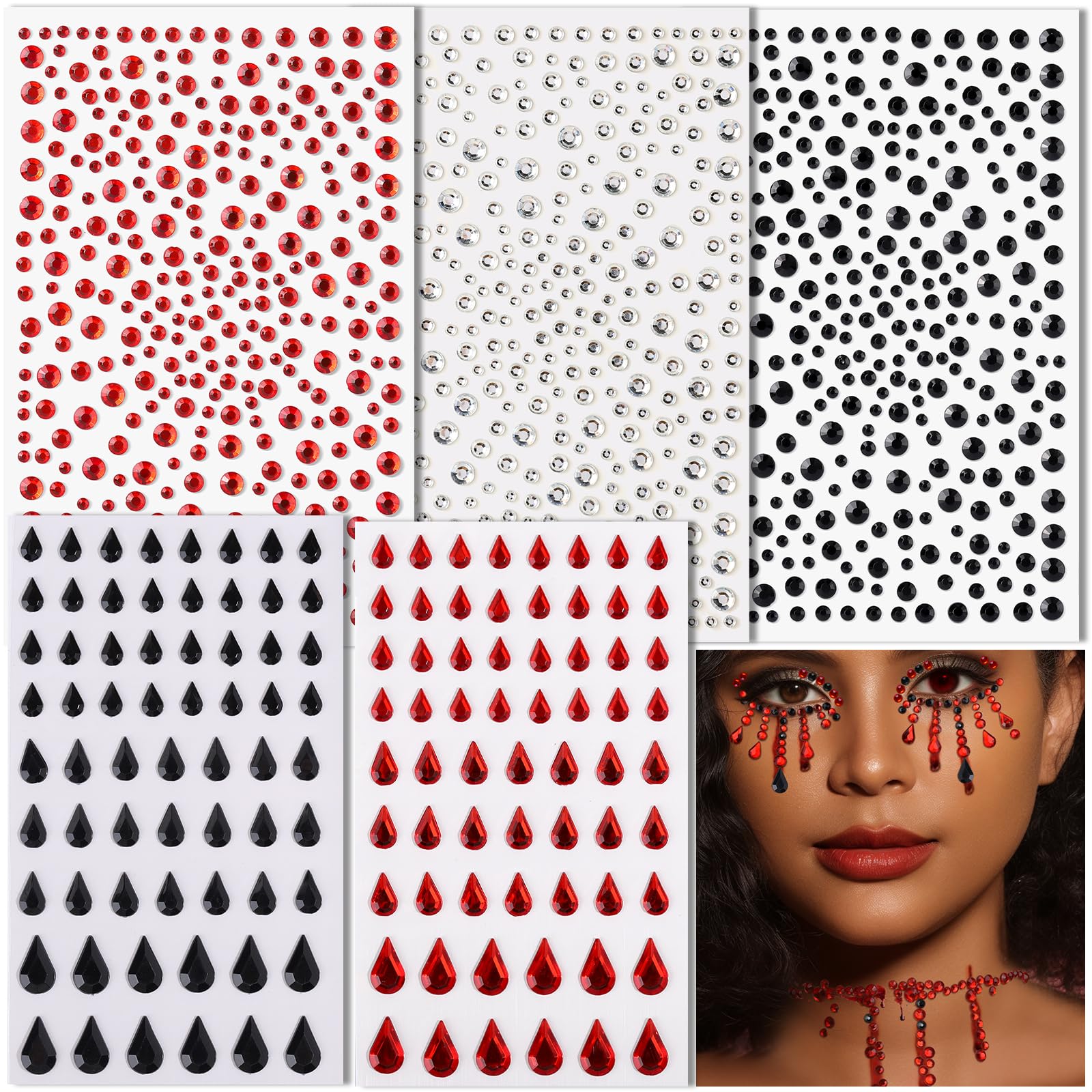 Teenitor Black and Red Face Gems Face Jewels, Black and Red Face Rhinestones for Face Makeup Halloween Gem Stickers, Self-Adhesive Stick On Gems for Halloween