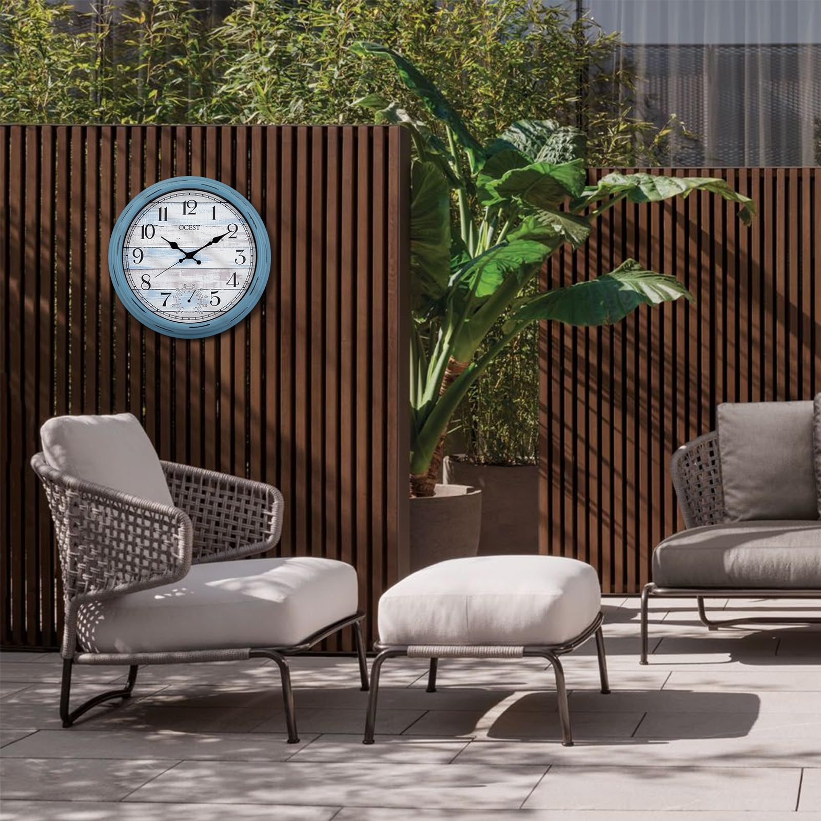 OCEST Reloj grande de 40,6 cm para interiores y exteriores, reloj de pared impermeable con termómetro, resistente a la intemperie, sin tictac, funciona con pilas, reloj decorativo para patio, piscina,