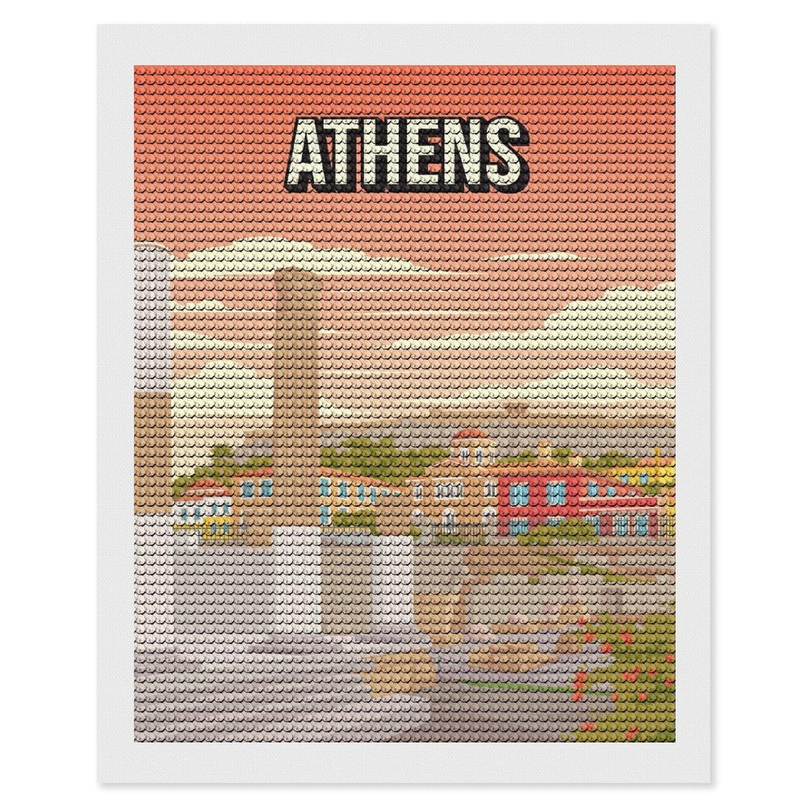 Junmoney Athens Greece Historic City Art Print Acropolis Travel Round Drill Diamond Painting 16"x20", for Craft Lovers, Stress Relief Craft, Bedroom Decor, Festive Craft Gift