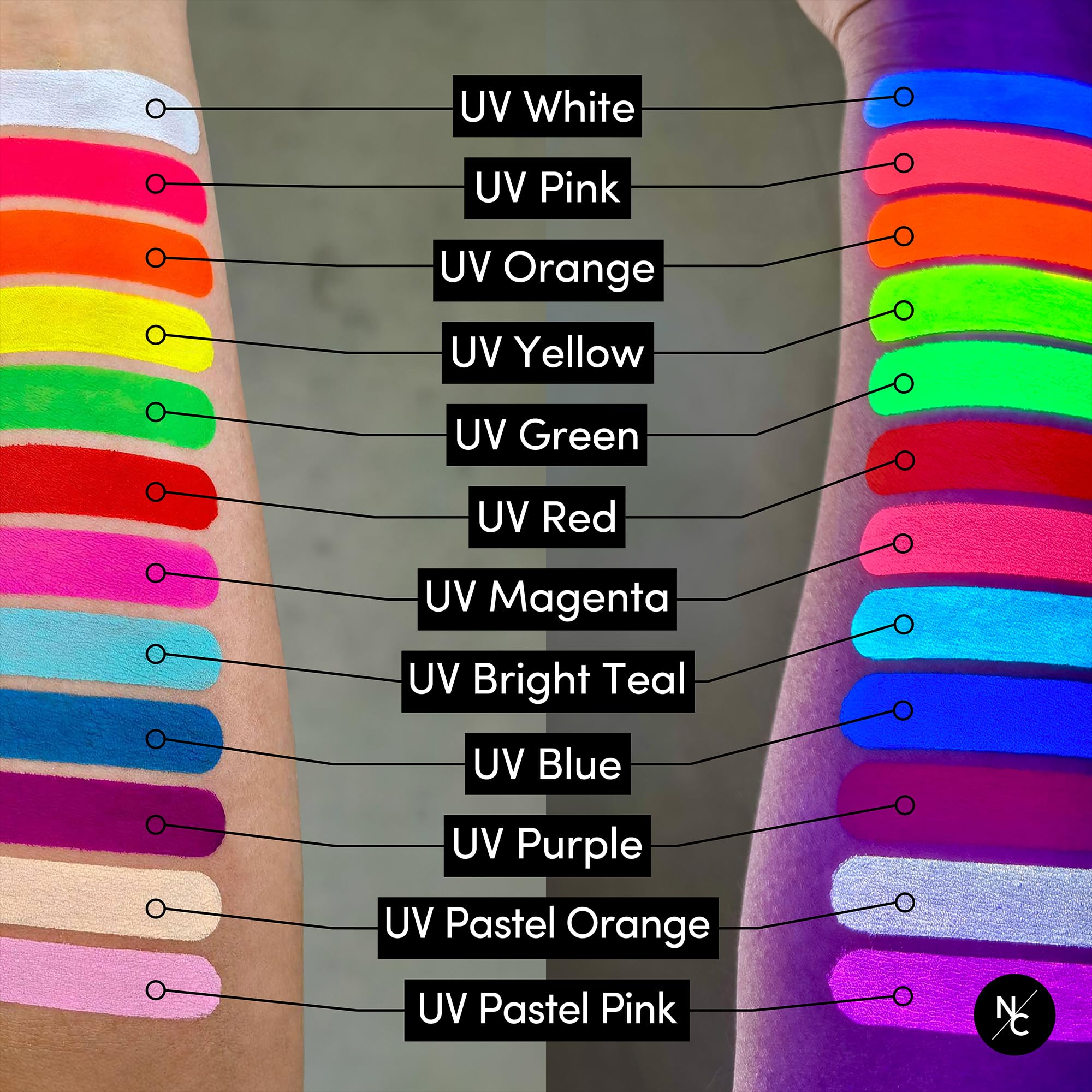 Narrative Cosmetics UV 12 Color Palette - Water Activated Neon Makeup for Face and Body - Fluorescent Shades for Special Effects - Image 3