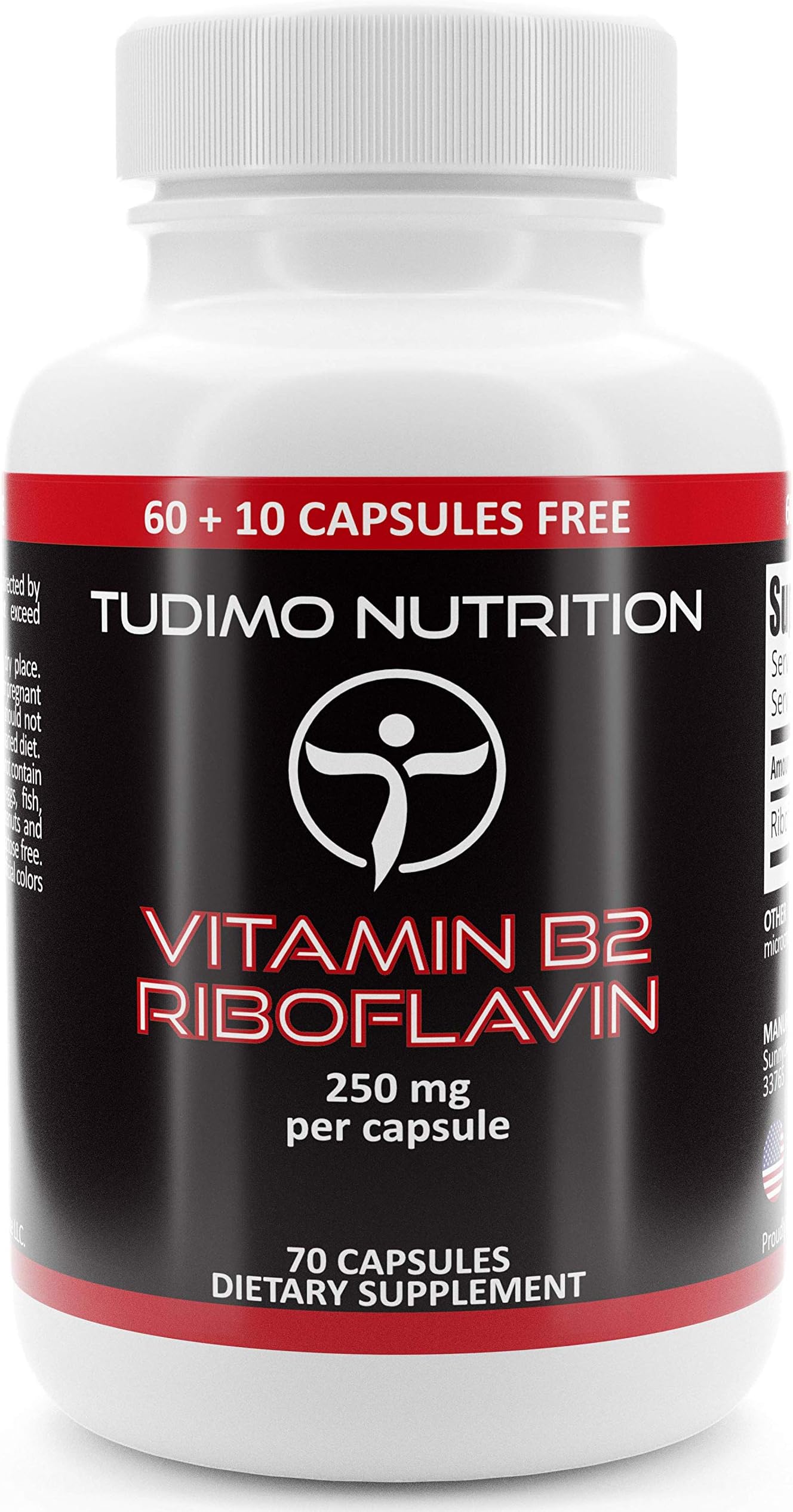 Vitamin B2 Riboflavin 250 mg Capsules - 70 pcs (2+ Month Supply) of Rapidly Disintegrating Capsules, Each with 250mg of Premium Quality & Pure Riboflavin Powder, by TUDIMO