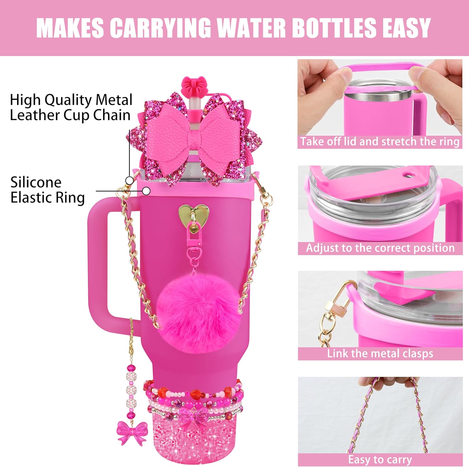 11PCS Accessories for Stanley Cup 40oz&30oz Tumbler Valentines Accessories including Silicone Cute Bow Straw Topper Cover Silicone Boot Leather Water Handle Strap Bracelet Y2K Fuchsia Charms - Image 2