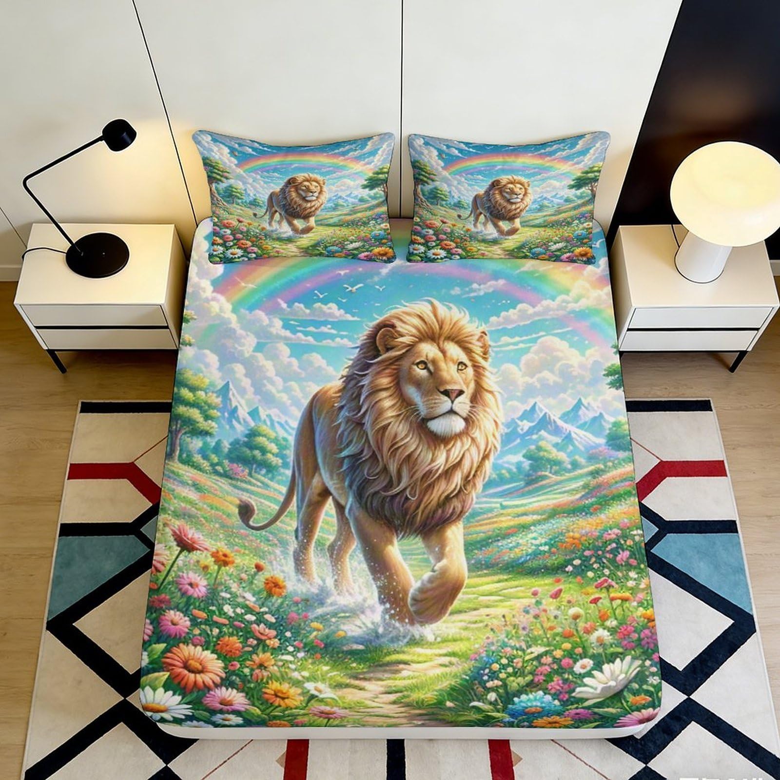 3D Printed Lion Rainbow Fitted Sheet Microfiber Soft Anti-Slip Mattress Cover for Bedroom Guest Room Dorm Decor 120x200x25cm