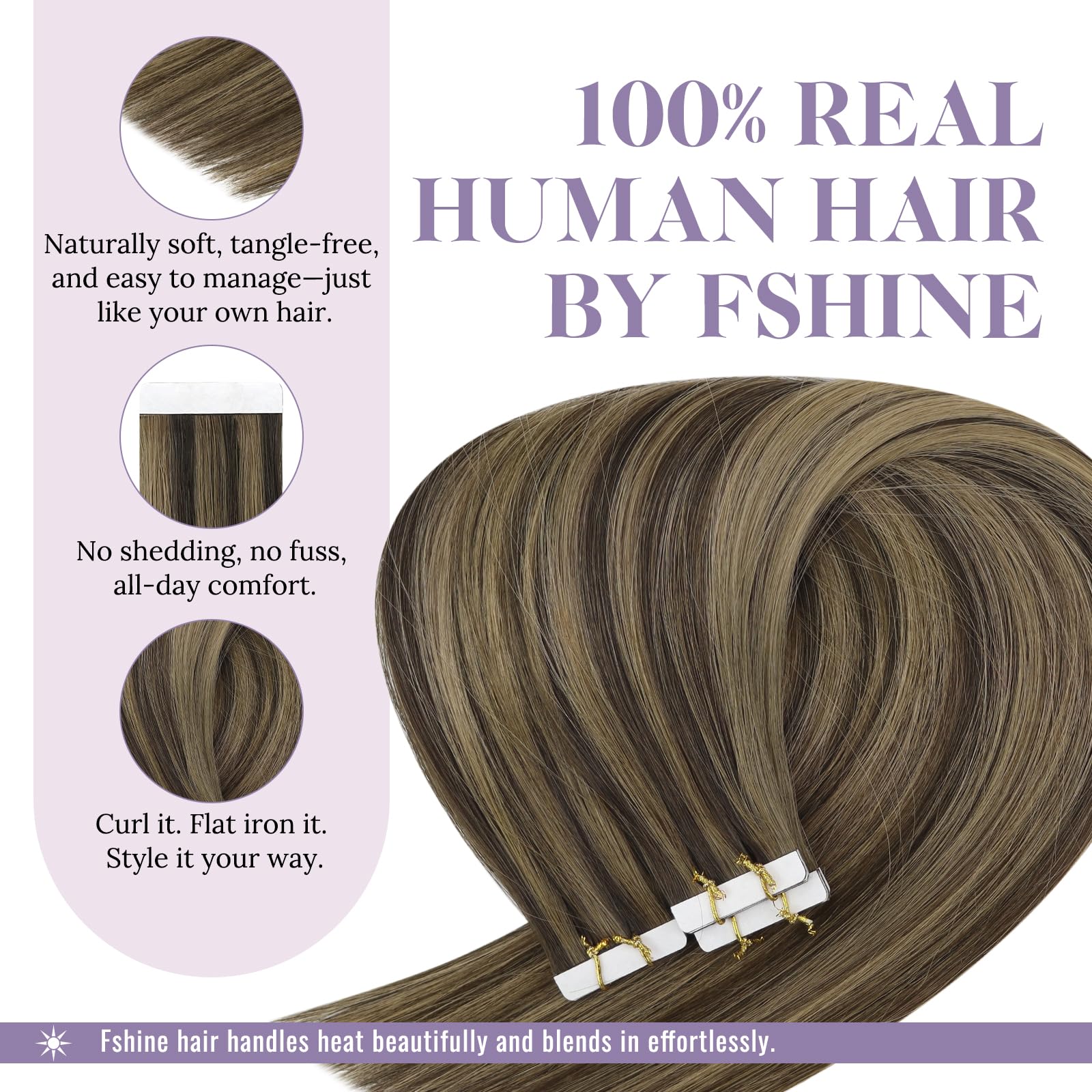 Fshine Virgin Extension per capelli veri, colore marrone scuro con biondo oro, 45 cm, 12,5 g, 5 pezzi, colore BM