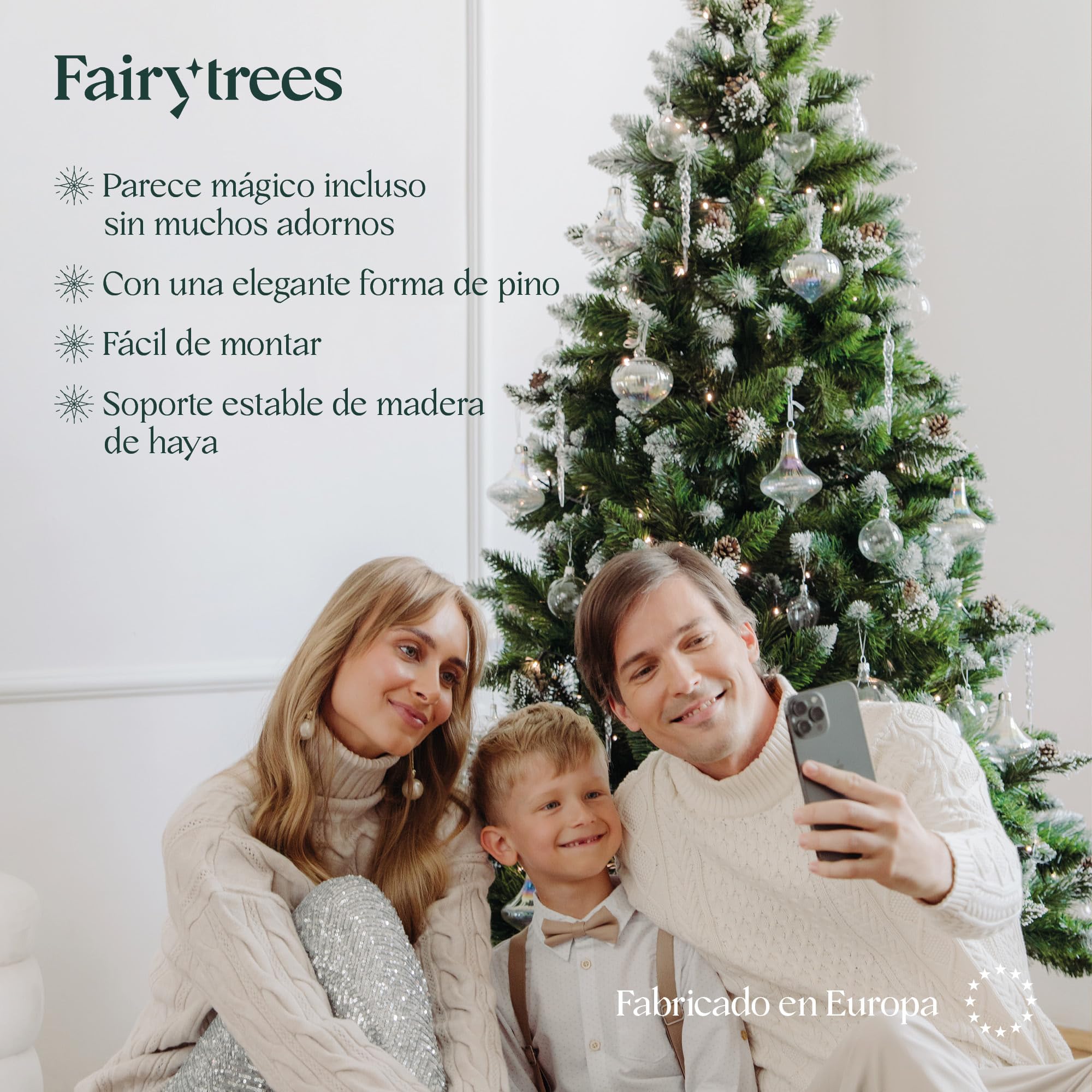 FairyTrees árbol de Navidad Artificial 220cm Pino con el Soporte de Madera | árbol Artificial Blanco nevado| Fabricado en EU