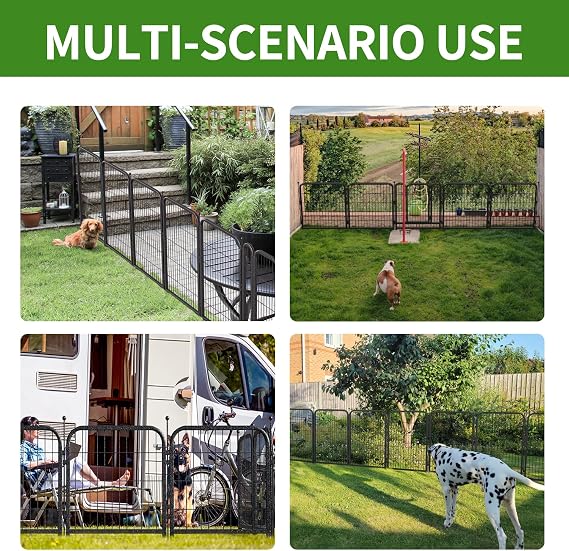 Metal Garden Fence with 7 Panels 1 Gate Outdoor Dog Fence 18ft (L)24in (H) Decorative Pet & Animal Barrier, Garden and Yard Fencing,Black-Silver