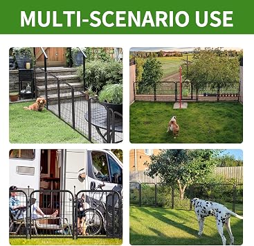 Metal Garden Fence with 7 Panels 1 Gate Outdoor Dog Fence 18ft (L)24in (H) Decorative Pet & Animal Barrier, Garden and Yard Fencing,Black-Silver