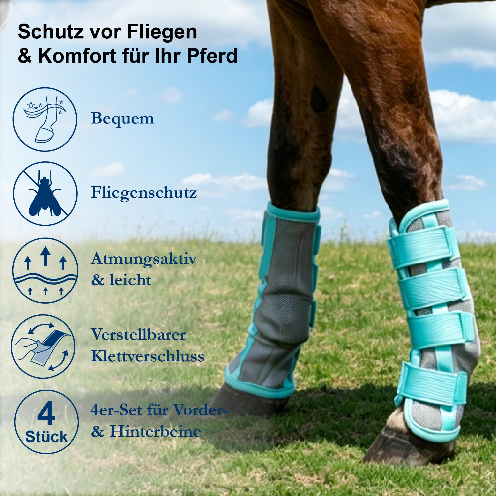 Lot de 4 guêtres anti-mouches pour cheval - Protection contre freins et moustiques - Guêtres en maille respirante réglable