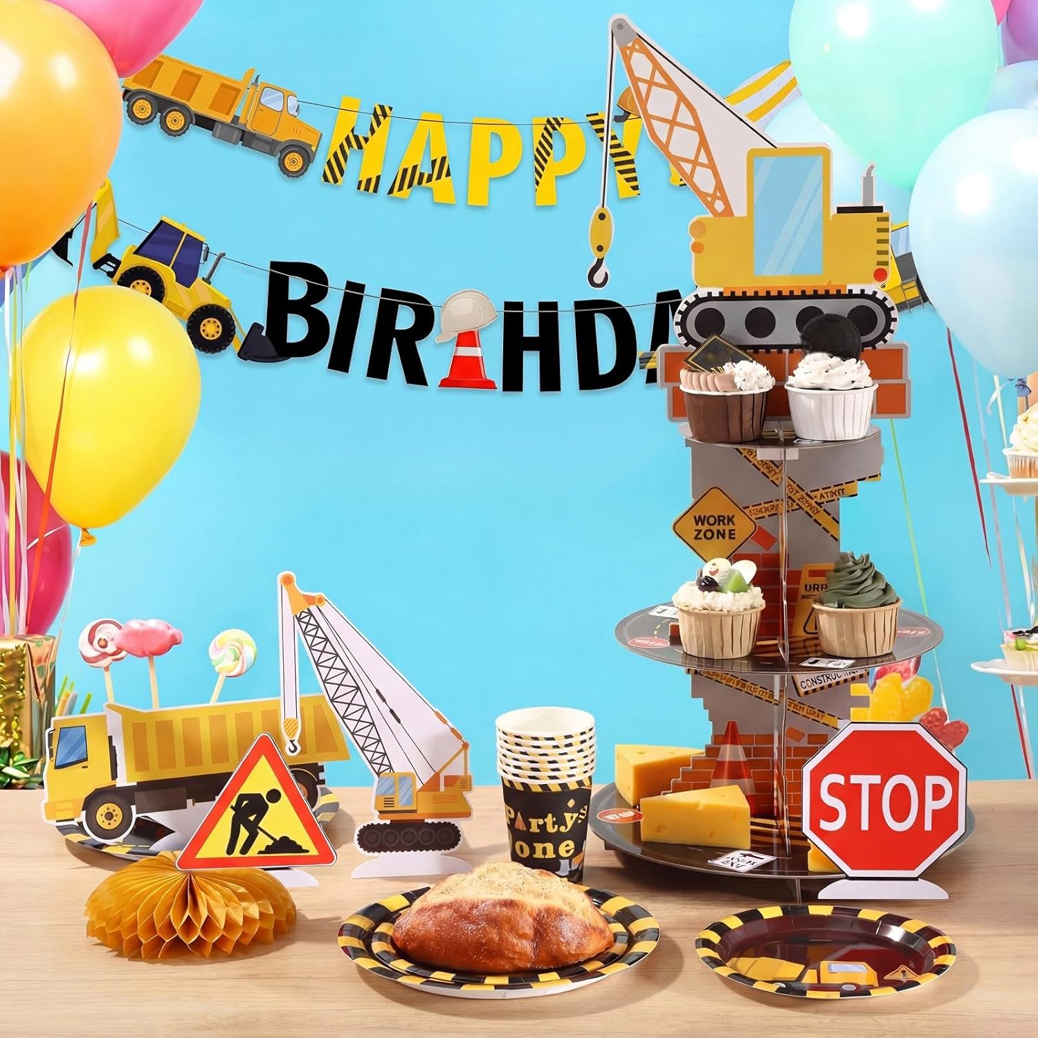 258 Pcs Construction Birthday Party Supplies Decoration Include Disposable Paper Plate Napkin Teacup Saucer Set Cupcake Stand Honeycomb Centerpiece Banner Hanging for Excavator Truck Birthday