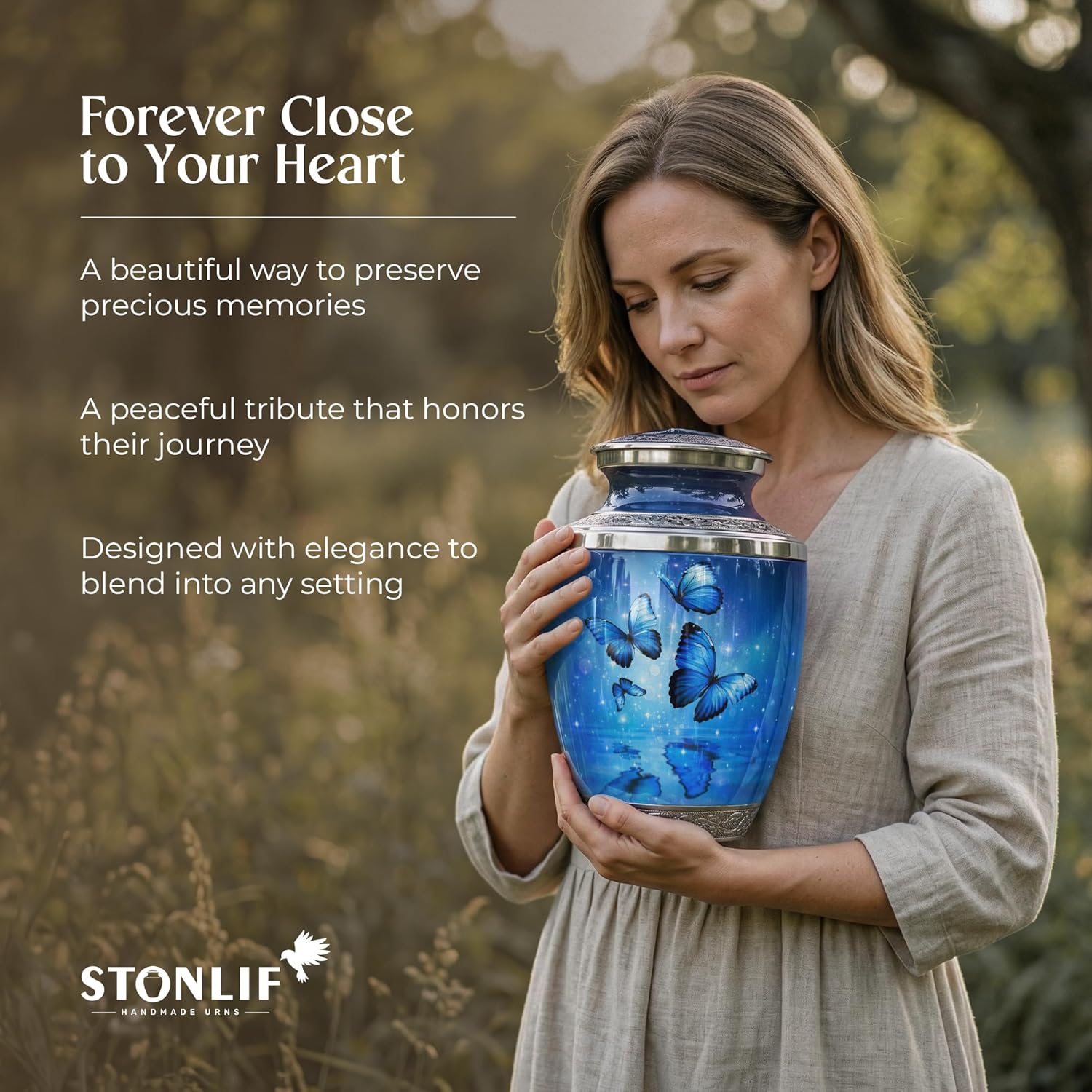 Blue Butterfly Urn for Female – Large 200 Cubic inches Adult Funeral Memorial Urn – Decorative Urn for Female – Burial or Home Display