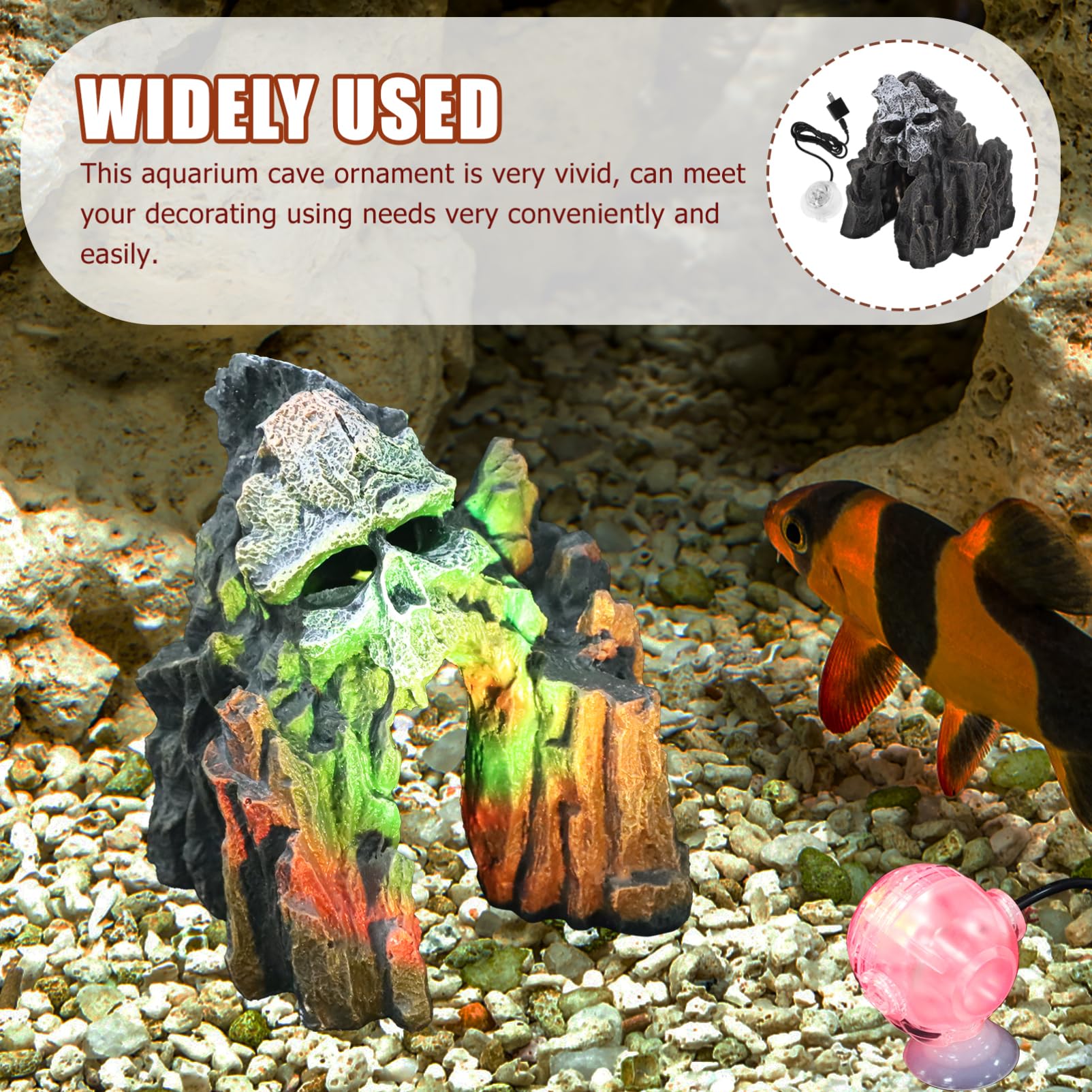 Figurine Crâne Décorative, Grotte Noire en Résine pour Aquarium Halloween | Abri pour Aquarium, Pierres Artificielles pour Aquarium, pour Crevette Aquarium, Lampe Incluse