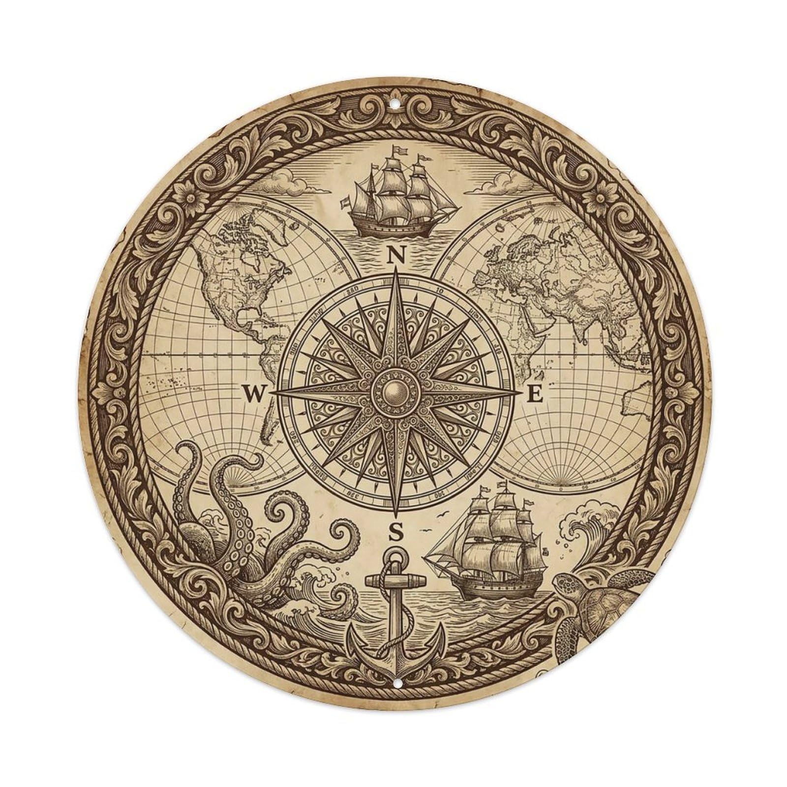 Vintage Nautical Compass World Map Explorer Journey Metal Tin Sign
