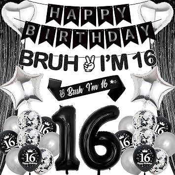 16th Birthday Decorations Boy Balloons - 28 Pcs Black Silver Banners Curtain Decoration Set with Happy Birthday Banner Backdrop Bruh I'M 16 Banners Foil Balloons for Boys 16 Years Old Party Supplies