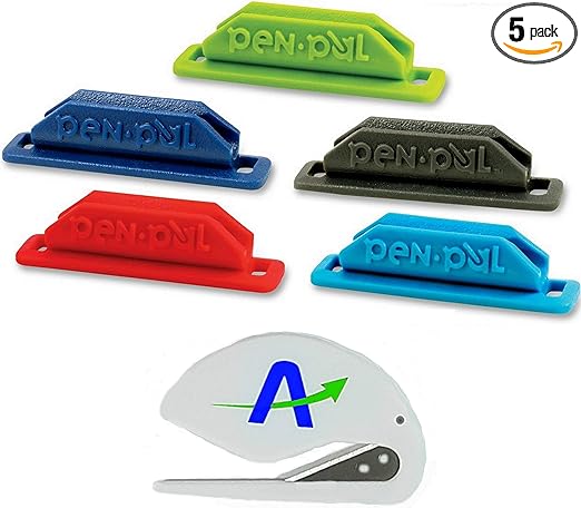 Pen Pal Pen/Pencil Holder, Rubber, Self-Adhesive, 5-Pack/All Same Color Plus Bonus Custom AdvanageOP Letter Opener (Assorted)