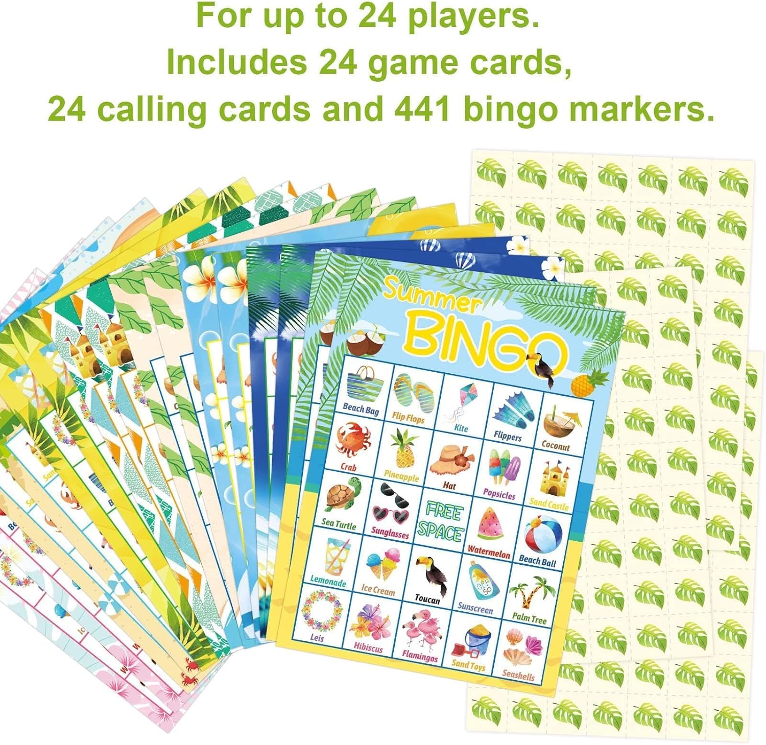 Fancy Land Summer Bingo Game for Kids 24 Players Hawaiian Tropical Summer Luau End of Year Graduation Party Favors Supplies