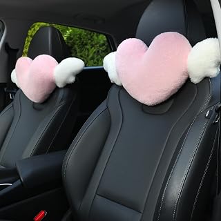 Sexysamba 2 Pack Cute Heart Shaped Car Headrest Pillows with Angel Wings - Soft Kawaii Neck Support for Driving, Travel, Office & Home - Pink Love Heart