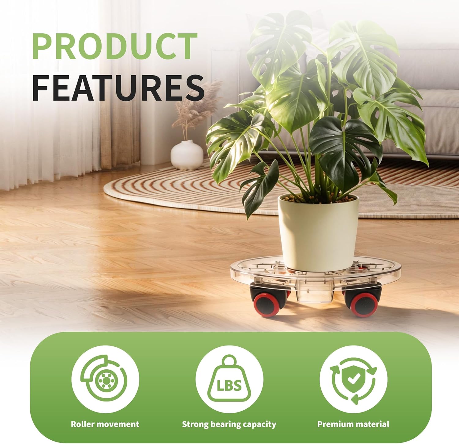 8-Pack 13 Inch Plant Caddy on Wheels, Heavy Duty Clear Plastic Rolling Plant Stands, Universal Planter Dolly with Caster Wheels for Indoor Outdoor Use