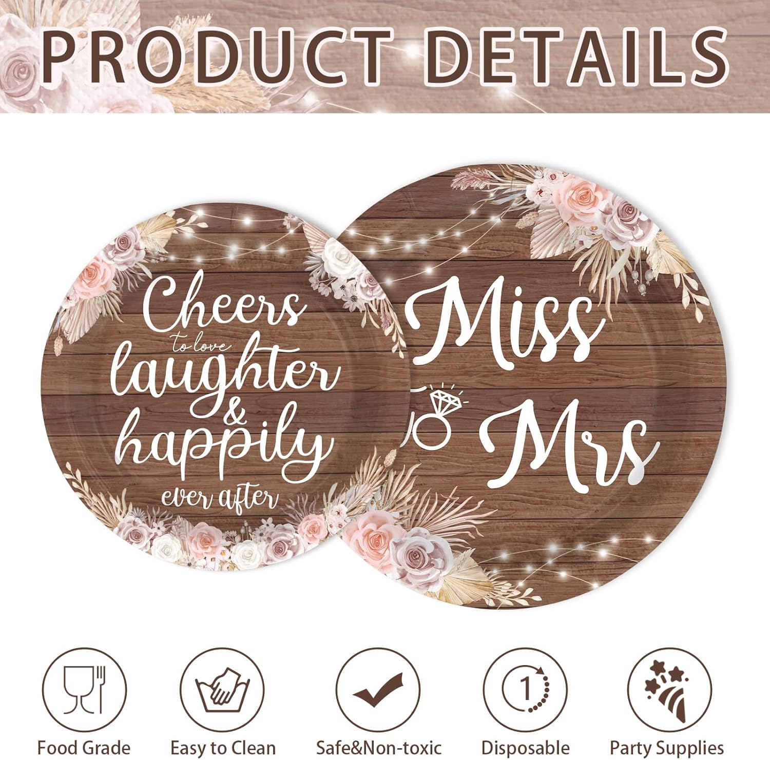 250Pcs Rustic Bridal Shower Decorations Brown Floral Plates and Napkins Miss to Mrs Decorations Favors for Boho Wood Wedding Engagement Dinner Party Supplies Serves 50
